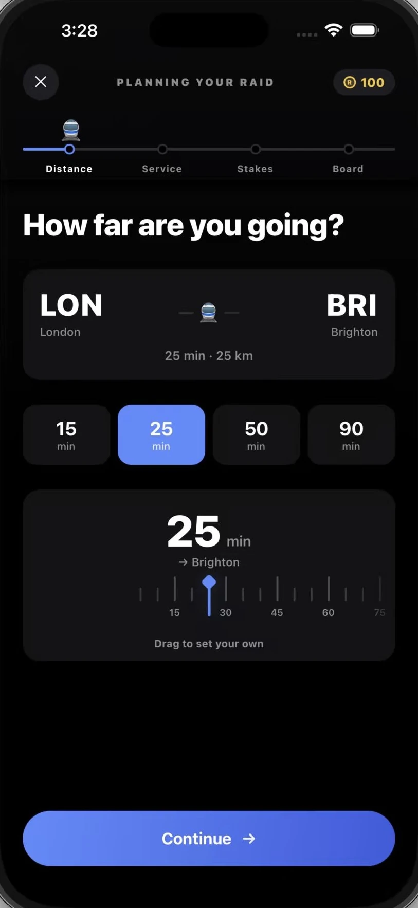 The Distance step asking how far you are going, with 15, 25, 50 and 90 minute presets and a dial to set your own.