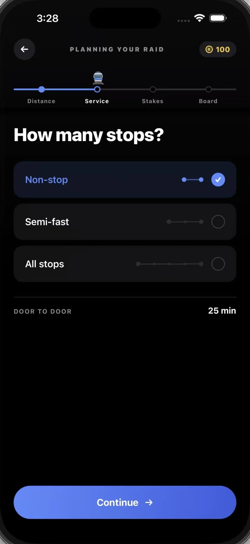 The Service step asking how many stops, offering non-stop, semi-fast and all-stops options.