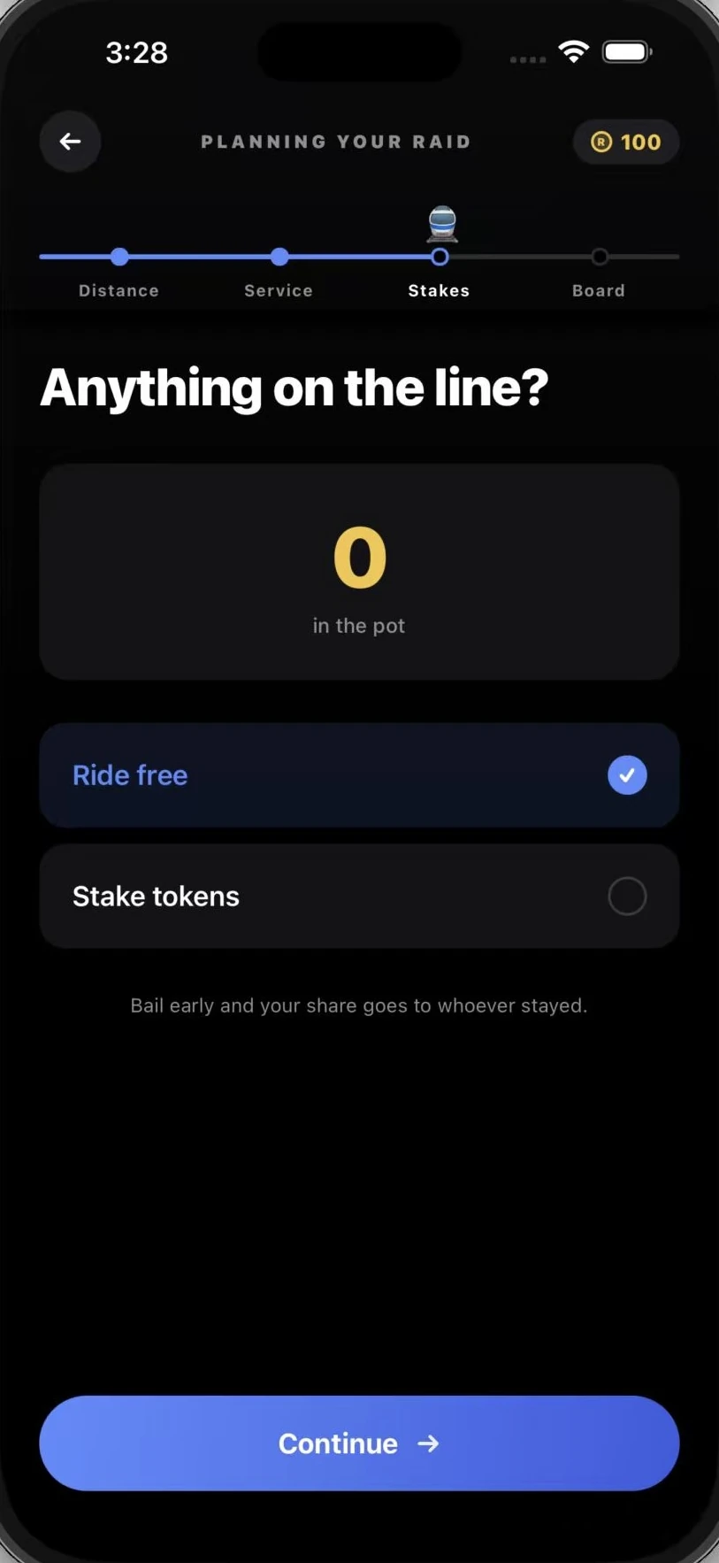 The Stakes step asking if anything is on the line, with a free ride option or staking tokens into a shared pot.