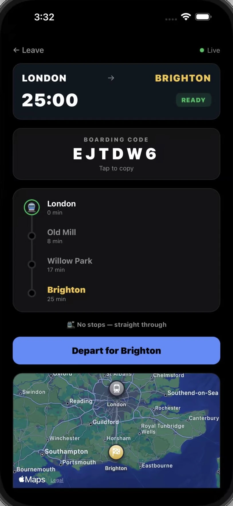 The departure screen with a 25 minute countdown ready to start, a shareable boarding code, the stop list from London to Brighton, and a depart button.