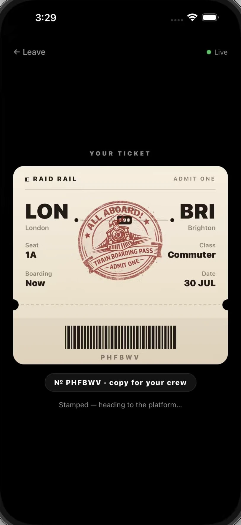 A stamped RAID Rail boarding pass for London to Brighton, seat 1A, commuter class, marked all aboard.