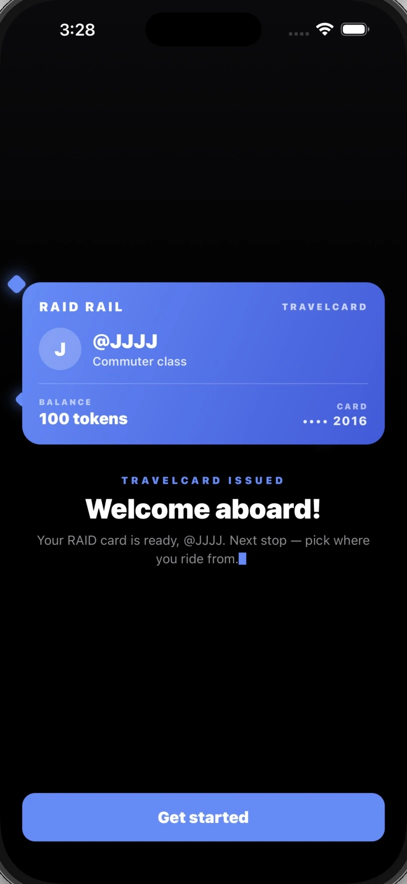 A newly issued RAID Rail travelcard showing commuter class and a balance of 100 tokens, welcoming the new rider aboard.